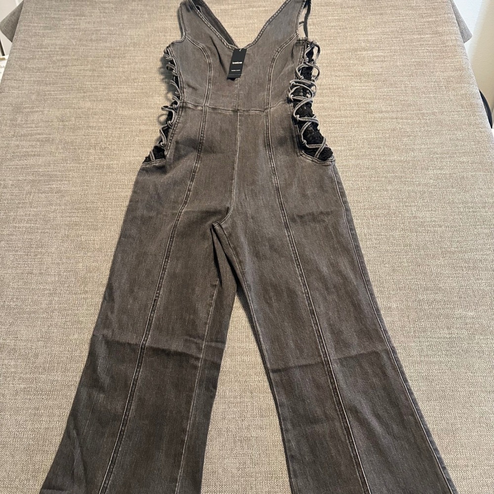 Bebe Denim Jumpsuit Women 8 Gray NEW Lace Up Side Crochet Wide Leg Flare